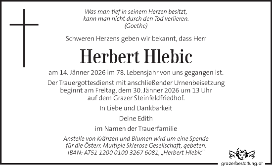 Traueranzeige von Herbert Hlebic von Kleine Zeitung