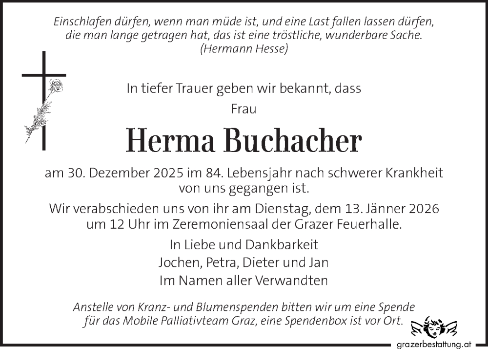  Traueranzeige für Herma Buchacher vom 08.01.2026 aus Kleine Zeitung