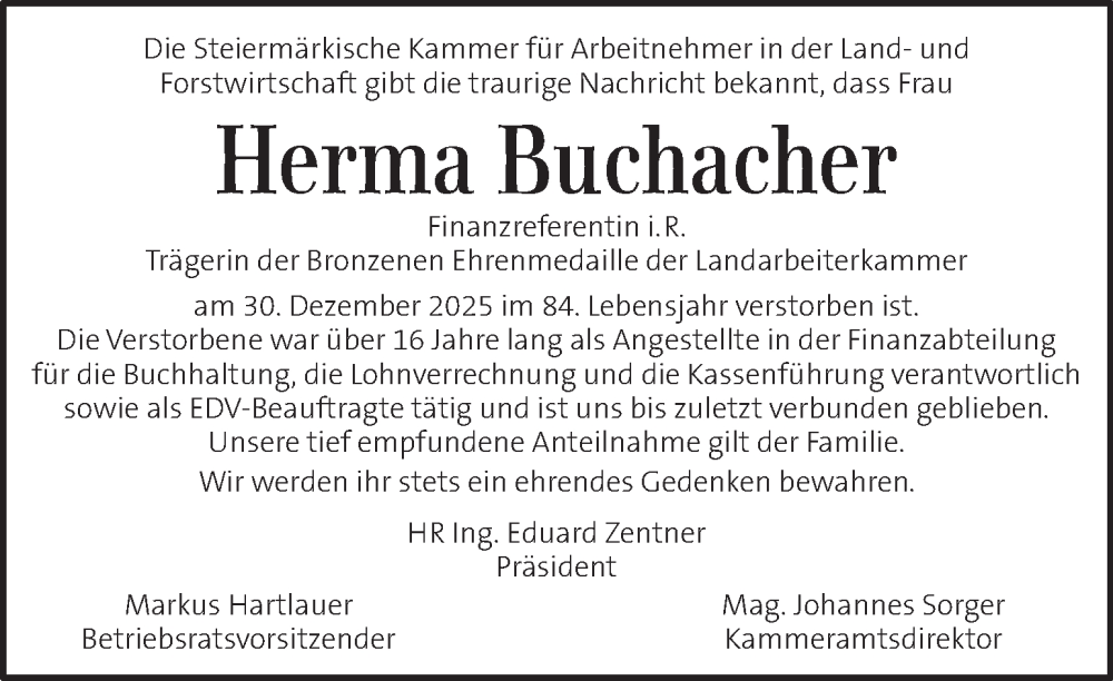  Traueranzeige für Herma Buchacher vom 09.01.2026 aus Kleine Zeitung