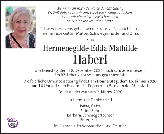 Traueranzeige von Hermenegilde Edda Mathilde Haberl von Kleine Zeitung