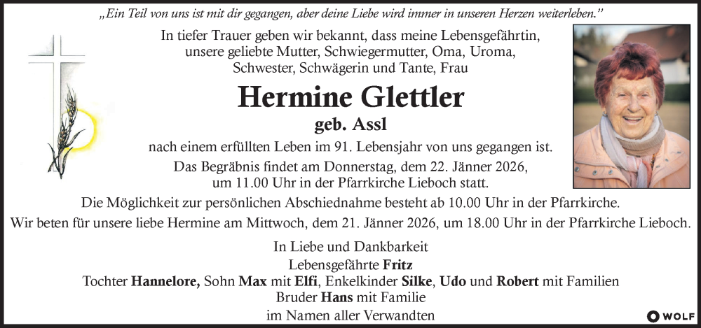  Traueranzeige für Hermine Glettler vom 20.01.2026 aus Kleine Zeitung