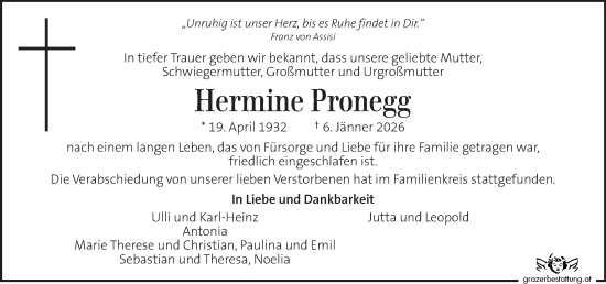 Traueranzeige von Hermine Pronegg von Kleine Zeitung