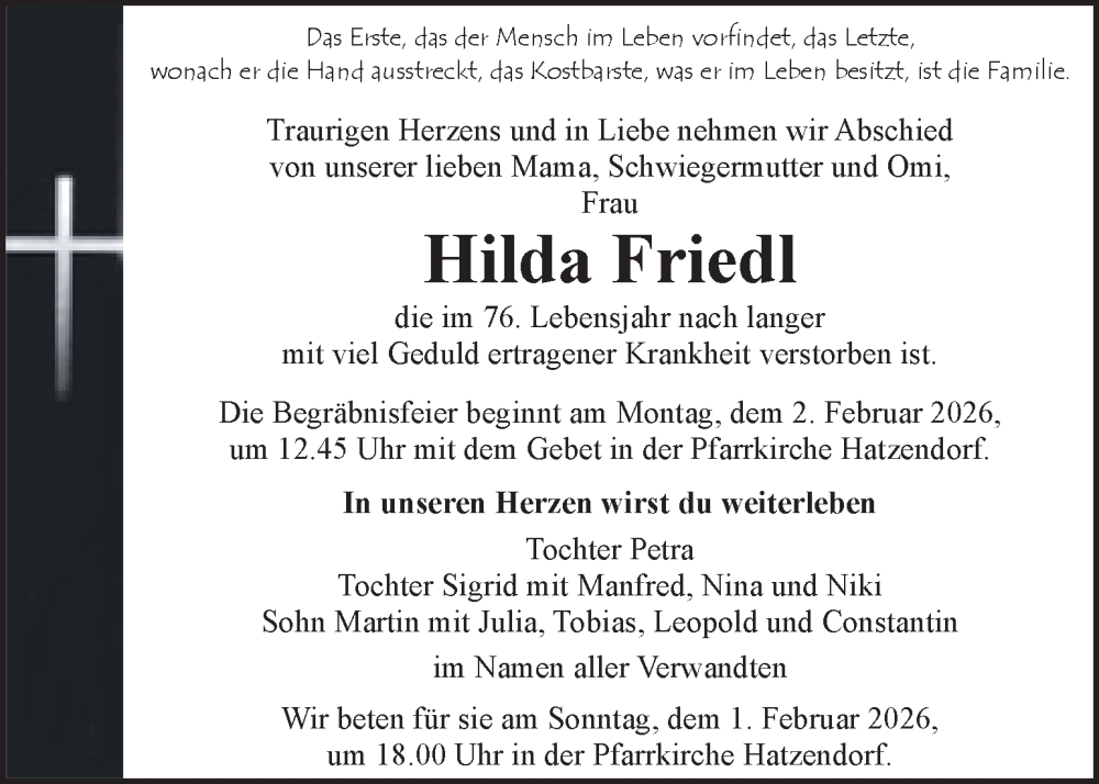  Traueranzeige für Hilda Friedl vom 01.02.2026 aus Kleine Zeitung