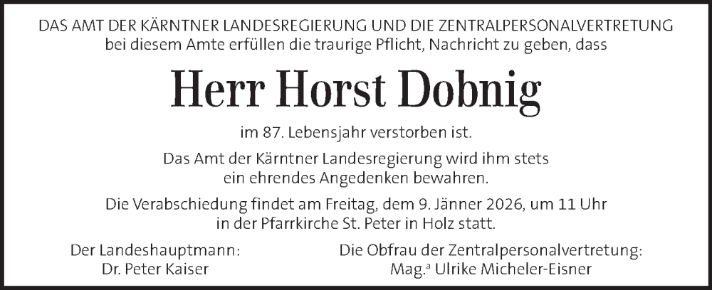  Traueranzeige für Horst Dobnig vom 08.01.2026 aus Kleine Zeitung