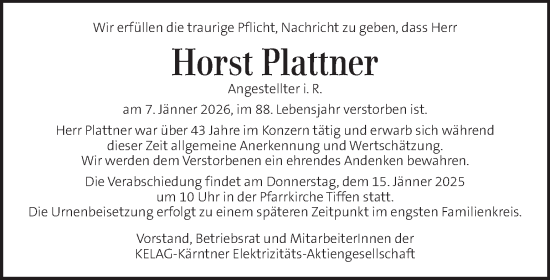 Traueranzeige von Horst Plattner von Kleine Zeitung
