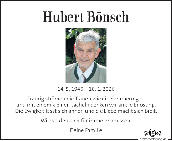 Traueranzeige von Hubert Bönsch von Kleine Zeitung
