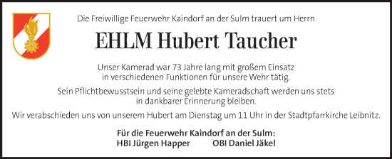 Traueranzeige von Hubert Taucher von Kleine Zeitung