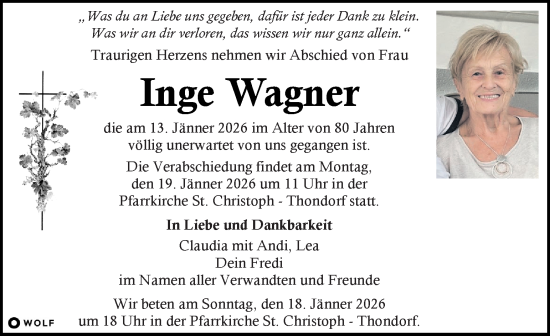 Traueranzeige von Inge Wagner von Kleine Zeitung