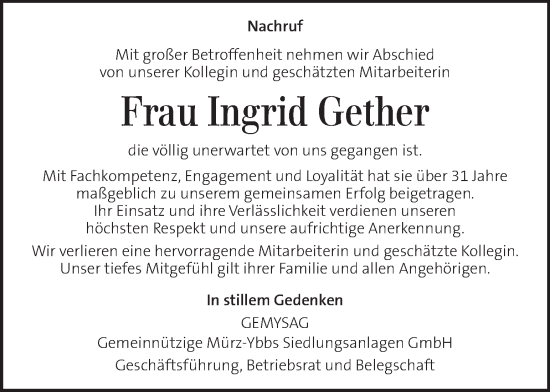 Traueranzeige von Ingrid Gether von Kleine Zeitung