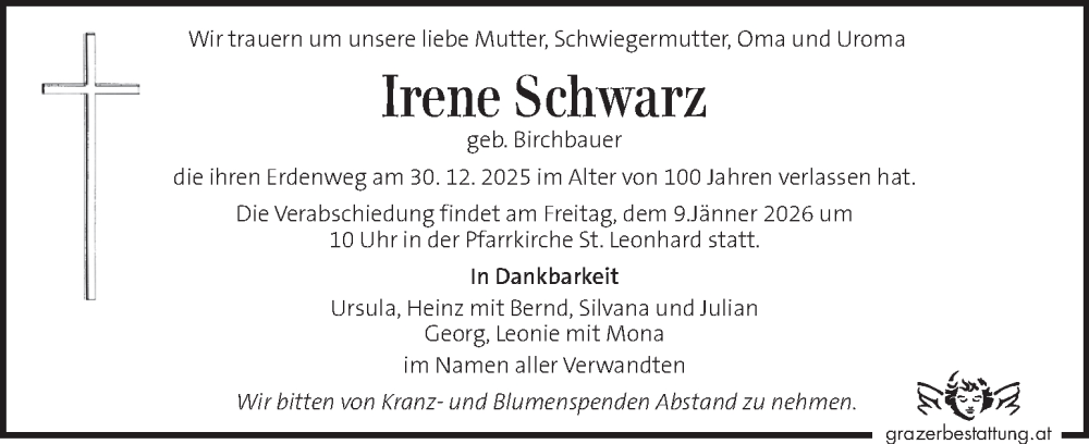  Traueranzeige für Irene Schwarz vom 08.01.2026 aus Kleine Zeitung