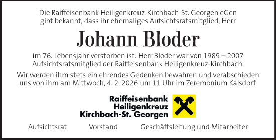 Traueranzeige von Johann Bloder von Kleine Zeitung