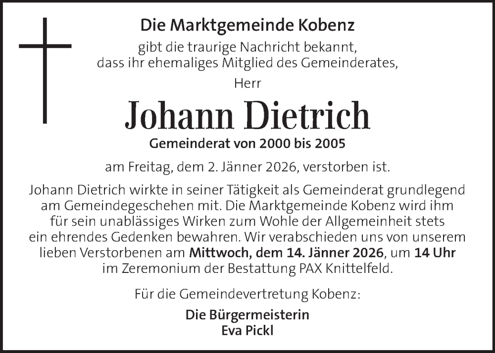  Traueranzeige für Johann Dietrich vom 09.01.2026 aus Kleine Zeitung