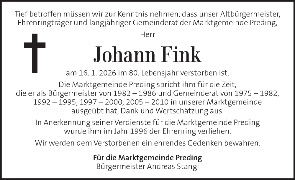  Traueranzeige für Johann Fink vom 21.01.2026 aus Kleine Zeitung