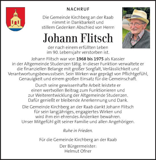 Traueranzeige von Johann Flitsch von Kleine Zeitung