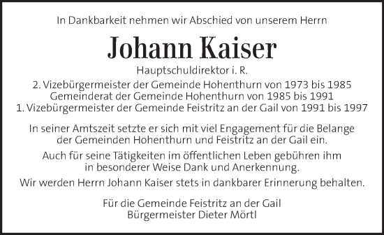Traueranzeige von Johann Kaiser von Kleine Zeitung