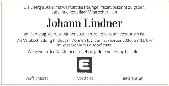 Traueranzeige von Johann Lindner von Kleine Zeitung