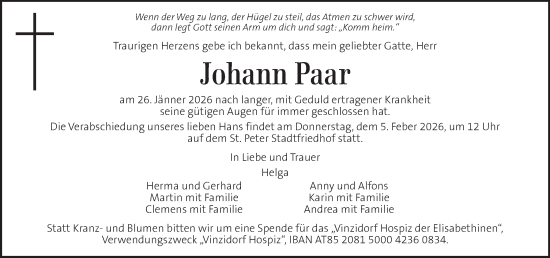 Traueranzeige von Johann Paar von Kleine Zeitung