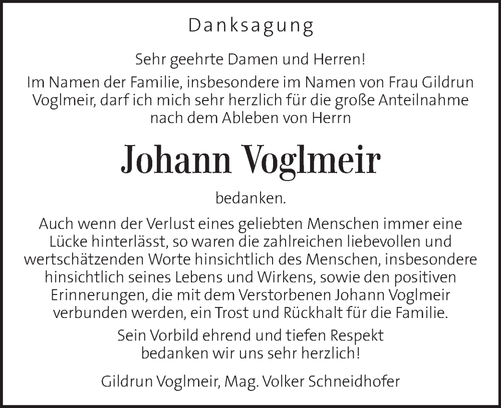  Traueranzeige für Johann Voglmeir vom 23.01.2026 aus Kleine Zeitung