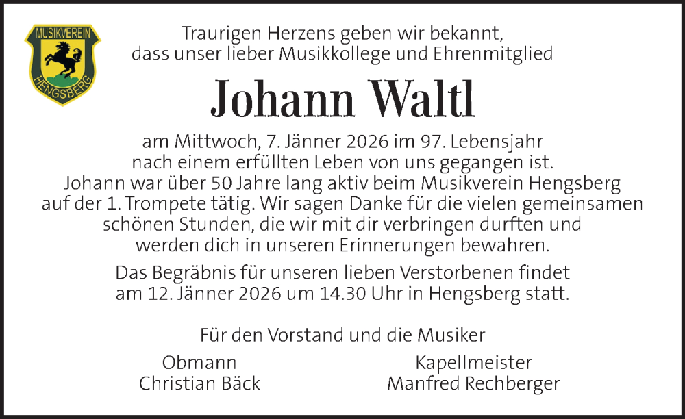  Traueranzeige für Johann Waltl vom 13.01.2026 aus Kleine Zeitung