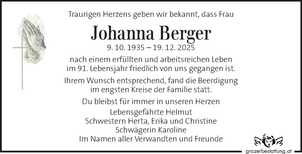  Traueranzeige für Johanna Berger vom 10.01.2026 aus Kleine Zeitung