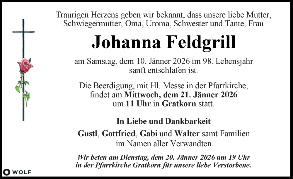  Traueranzeige für Johanna Feldgrill vom 16.01.2026 aus Kleine Zeitung