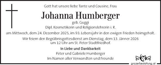 Traueranzeige von Johanna Humberger von Kleine Zeitung