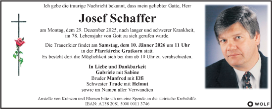 Traueranzeige von Josef Schaffer von Kleine Zeitung