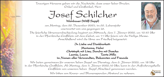 Traueranzeige von Josef Schilcher von Kleine Zeitung