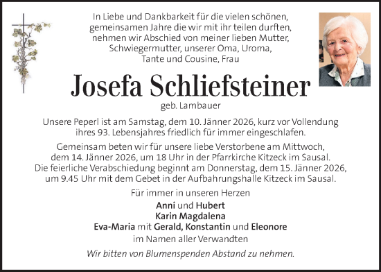 Traueranzeige von Josefa Schliefsteiner von Kleine Zeitung