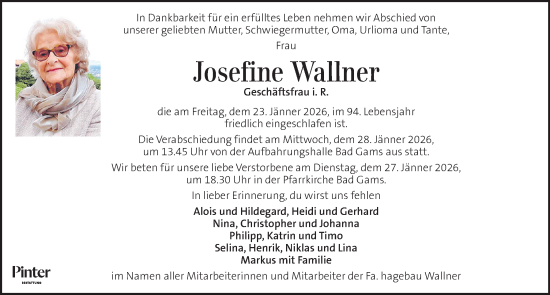 Traueranzeige von Josefine Wallner von Kleine Zeitung
