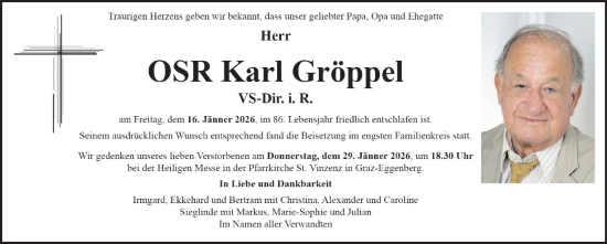 Traueranzeige von Karl Gröppel von Kleine Zeitung