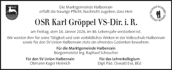 Traueranzeige von Karl Gröppel von Kleine Zeitung