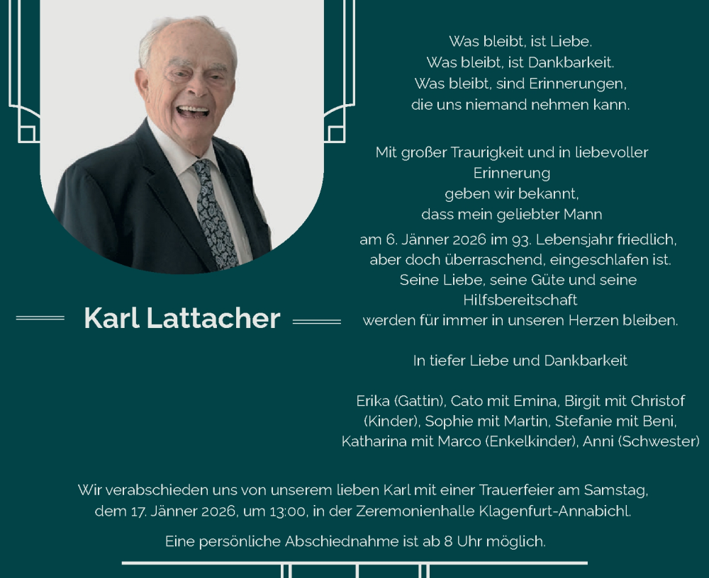  Traueranzeige für Karl Lattacher vom 15.01.2026 aus Kleine Zeitung