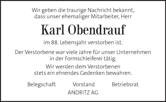 Traueranzeige von Karl Obendrauf von Kleine Zeitung