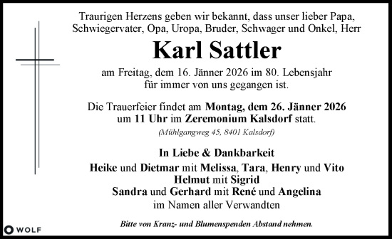 Traueranzeige von Karl Sattler von Kleine Zeitung
