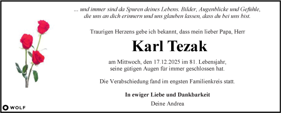 Traueranzeige von Karl Tezak von Kleine Zeitung