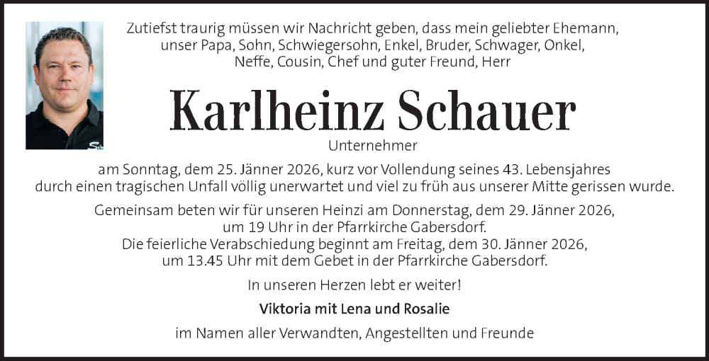  Traueranzeige für Karlheinz Schauer vom 28.01.2026 aus Kleine Zeitung