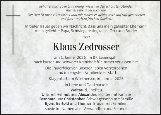 Traueranzeige von Klaus Zedrosser von Kleine Zeitung