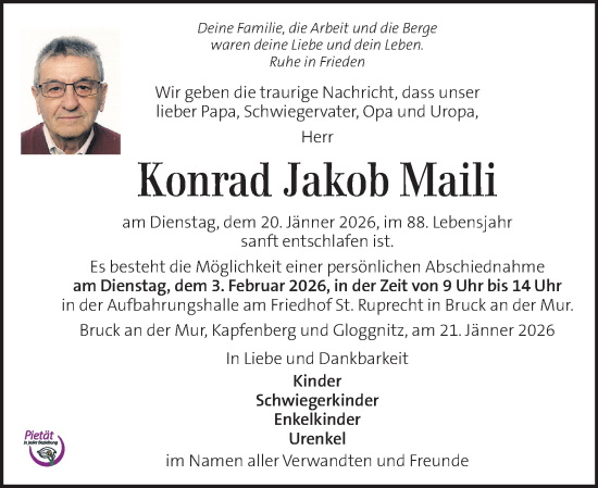 Traueranzeige von Konrad Jakob Maili von Kleine Zeitung