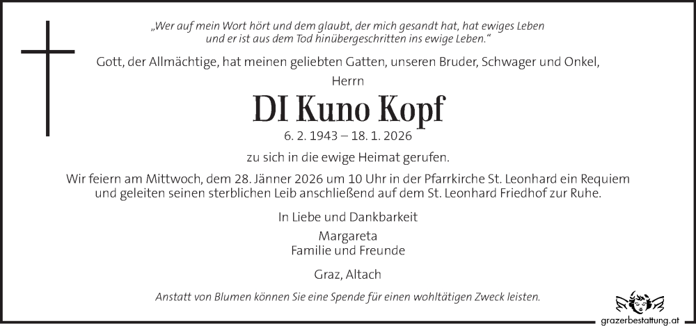  Traueranzeige für Kuno Kopf vom 23.01.2026 aus Kleine Zeitung