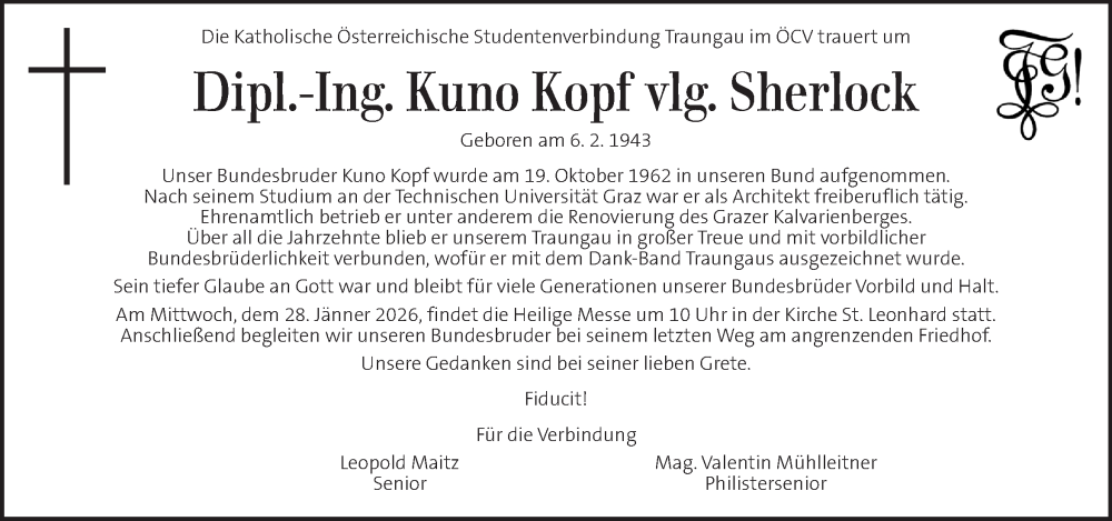  Traueranzeige für Kuno Kopf vom 23.01.2026 aus Kleine Zeitung