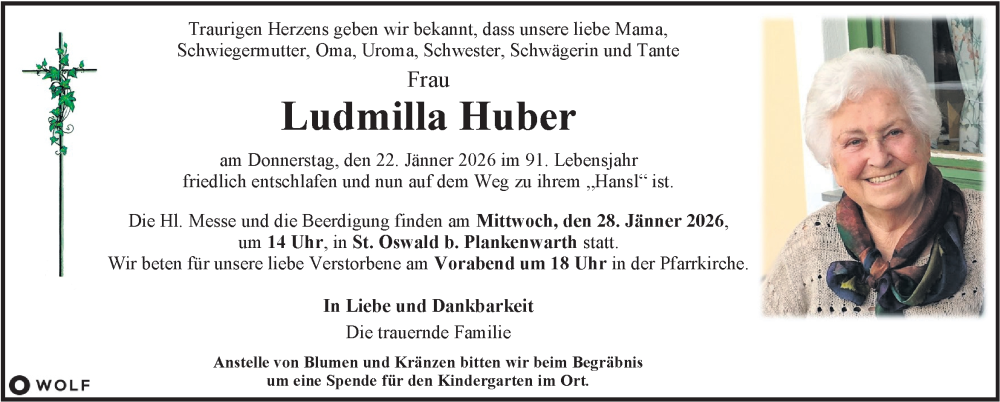  Traueranzeige für Ludmilla Huber vom 27.01.2026 aus Kleine Zeitung