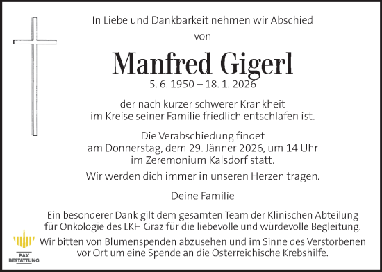 Traueranzeige von Manfred Gigerl von Kleine Zeitung