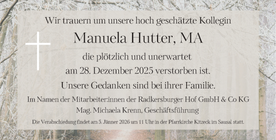 Traueranzeige von Manuela Hutter von Kleine Zeitung