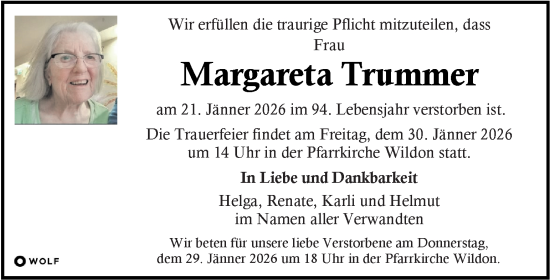 Traueranzeige von Margareta Trummer von Kleine Zeitung