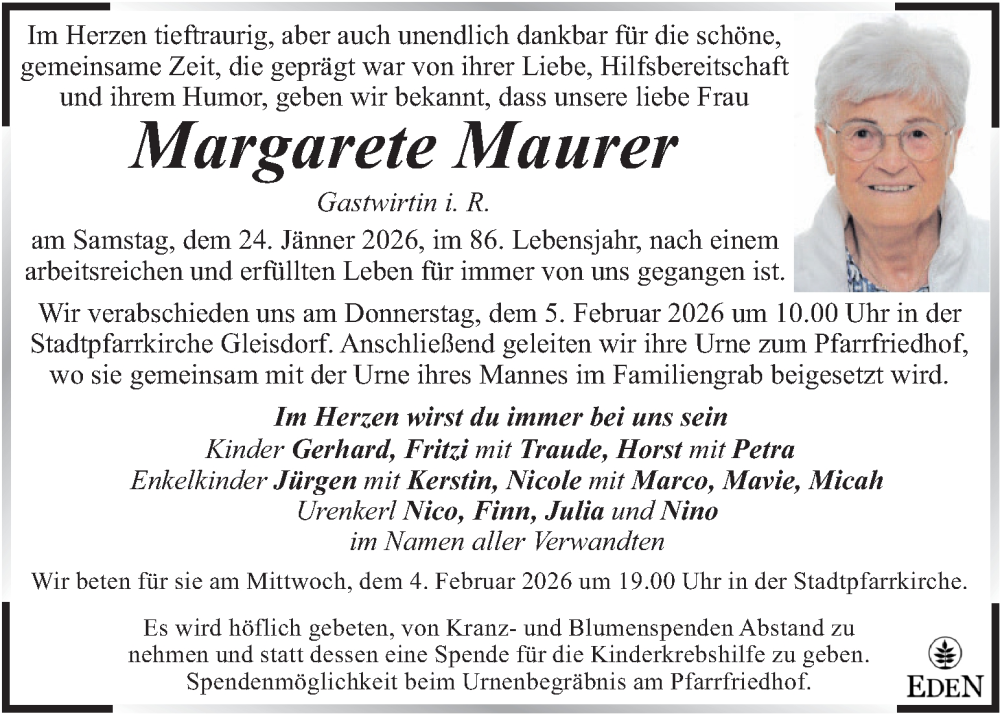  Traueranzeige für Margarete Maurer vom 01.02.2026 aus Kleine Zeitung