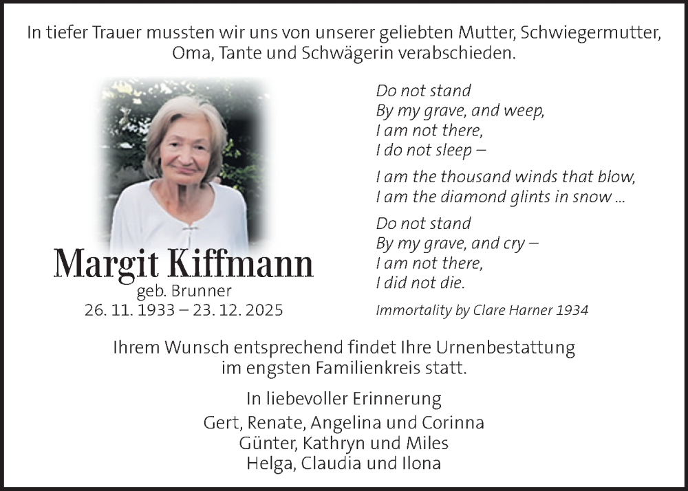  Traueranzeige für Margit Kiffmann vom 06.01.2026 aus Kleine Zeitung