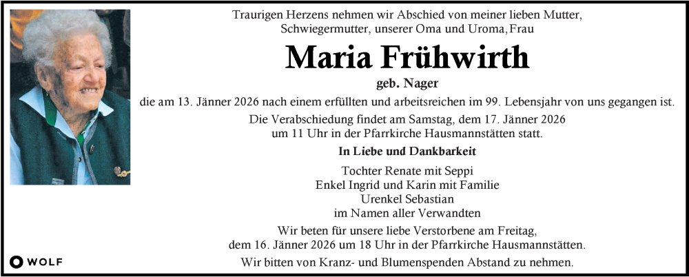  Traueranzeige für Maria Frühwirth vom 16.01.2026 aus Kleine Zeitung