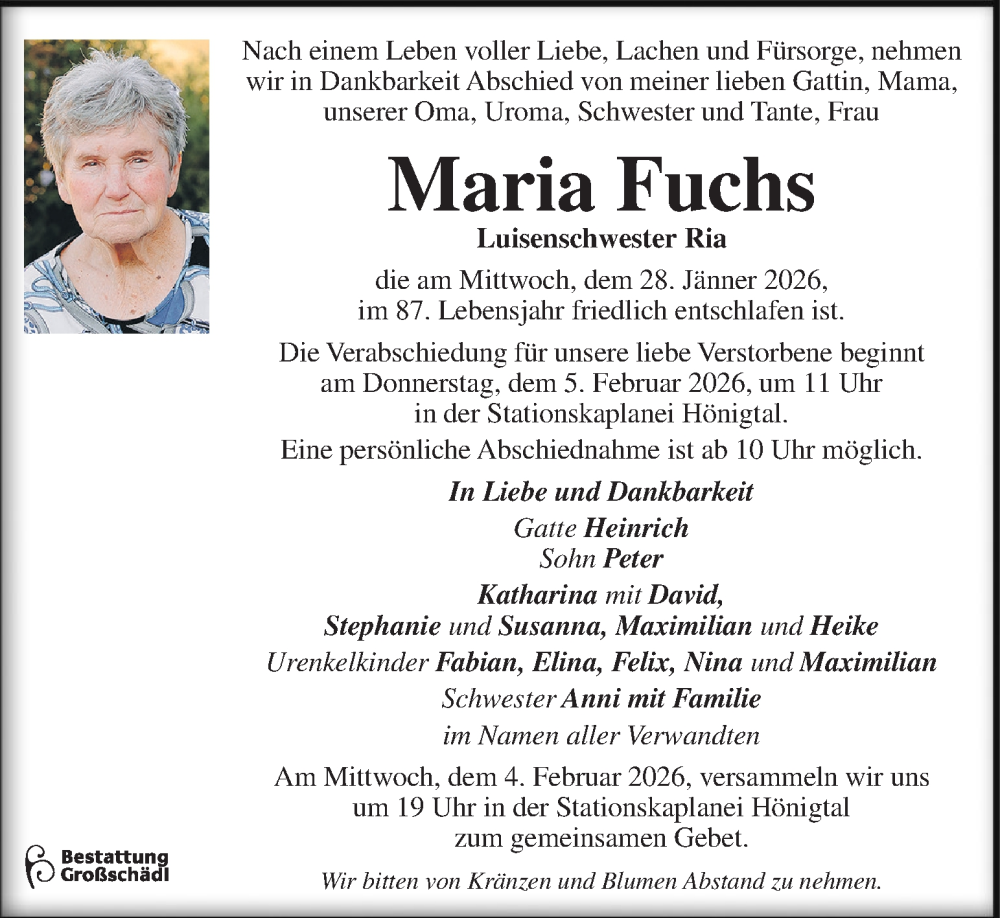  Traueranzeige für Maria Fuchs vom 30.01.2026 aus Kleine Zeitung