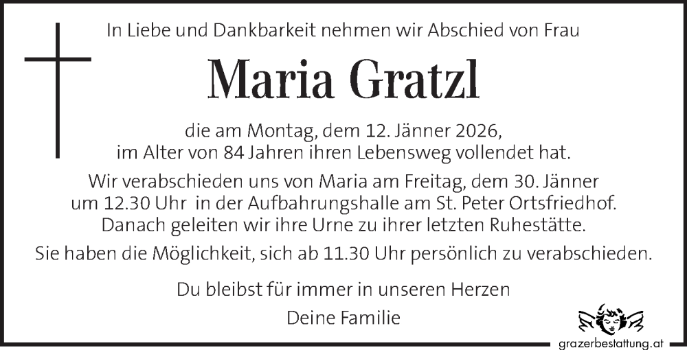  Traueranzeige für Maria Gratzl vom 24.01.2026 aus Kleine Zeitung